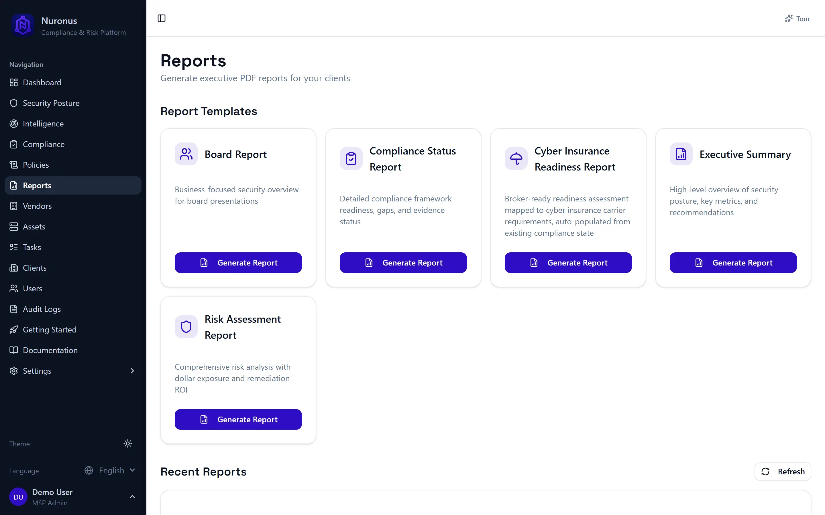 Nuronus reporting view showing A-F readiness grades for multiple clients across 11 compliance frameworks with color-coded progress indicators